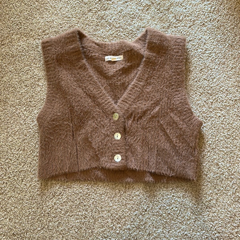 brown, fuzzy, cropped sweater vest, elephant toenail buttons, L.A. Hearts, XS